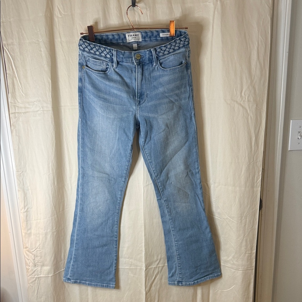 Frame Denim Light Blue Braided-Waist Flare Jeans